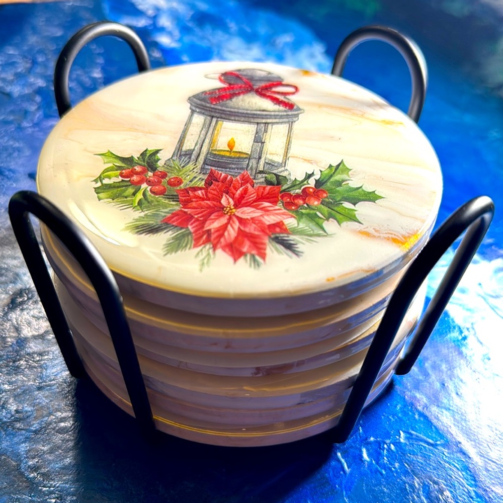 (6) COASTERS- Set white acrylic with Festive Designs, resin top and holder.